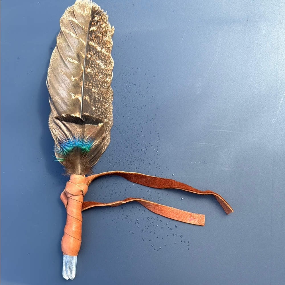 Brown Feather Smudge fan with Leather Wrap and Crystal